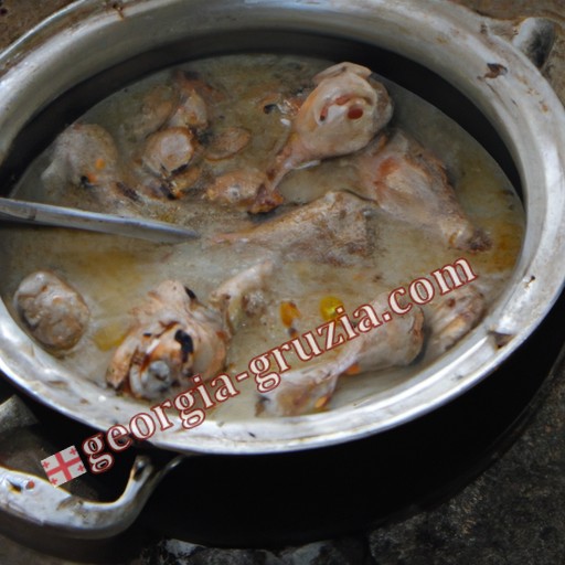 Chicken chkmeruli in cauldron Georgia Chicken chkmeruli in cauldron Georgia