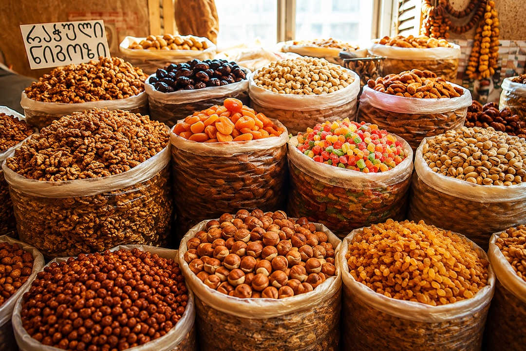 Open market with spices a variety of different colored powders in bowls